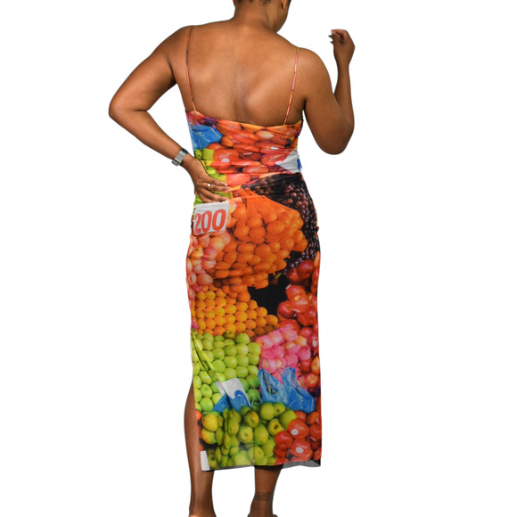 Zara Fruit Market Dress Black Multi Photorealistic Print Slip Midi Column Small - Picture 3 of 14